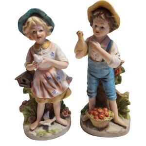 Homco Vintage Porcelain Boy & Girl Figurines Animals Hand-Painted Farm Scene